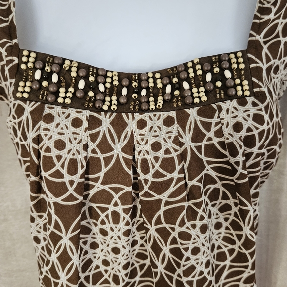 NWOT LOFT brown & cream geometric print beaded blouse top Womens Medium - Picture 5 of 8